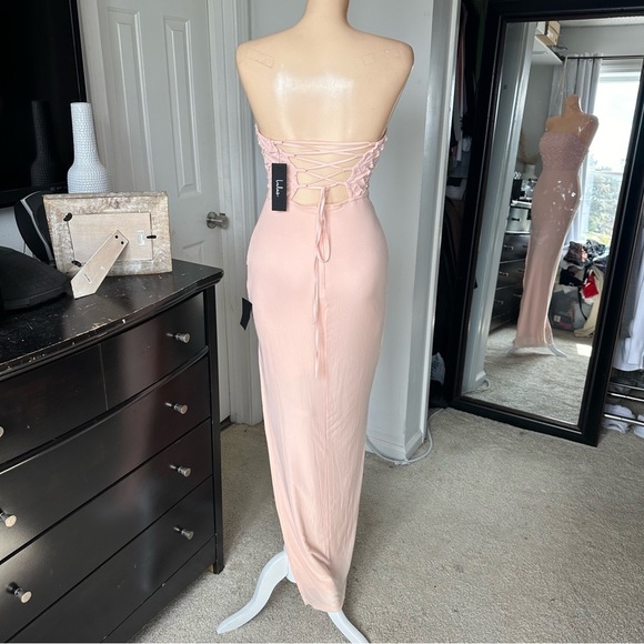 LULU’S STUNNING CONCEPT MESH RHINESTONE STRAPLESS MAXI DRESS - Picture 12 of 16